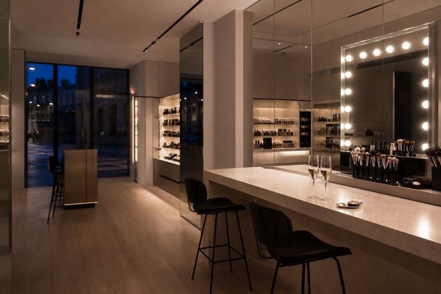 Boutique de maquillage en soirée, miroir de loge éclairé et comptoir dressé